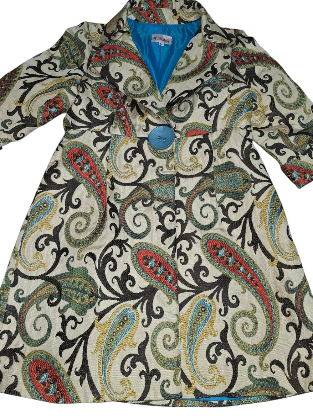 3 Sisters Paisley Tapestry Coat Jacket Medium Blue Button Lined Boho Chic